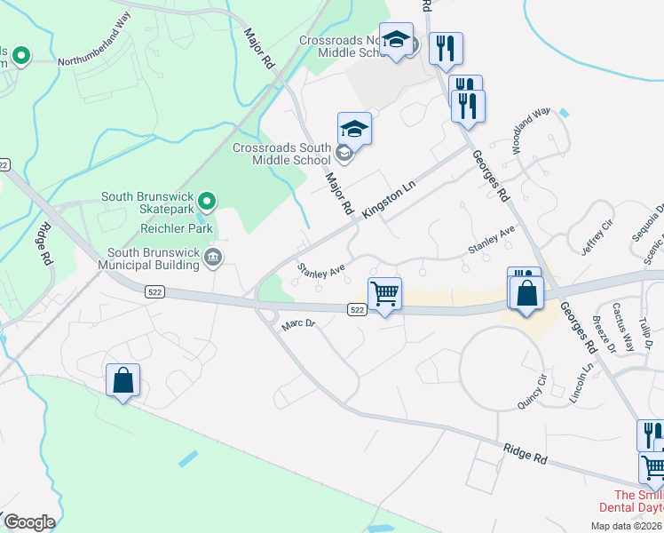 map of restaurants, bars, coffee shops, grocery stores, and more near 119 Leah Court in South Brunswick Township