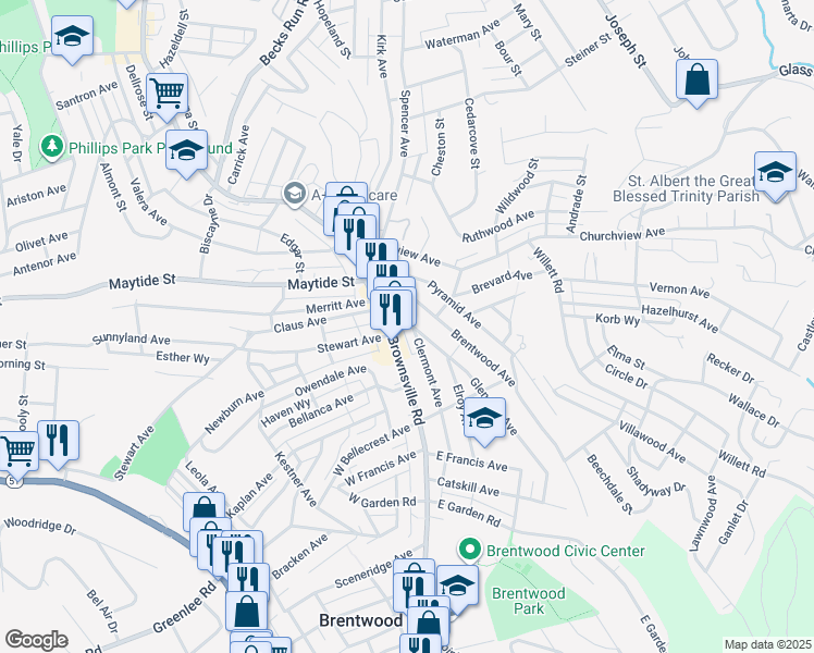 map of restaurants, bars, coffee shops, grocery stores, and more near 2845 Glendale Avenue in Pittsburgh