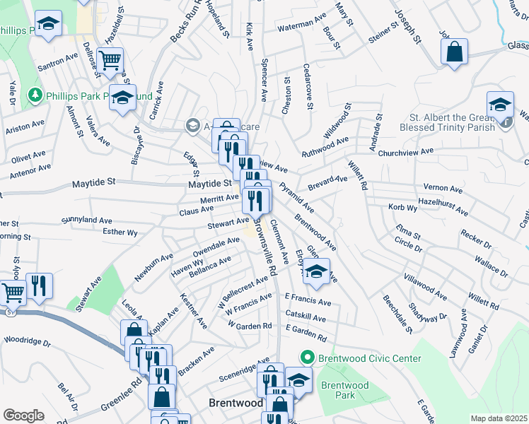 map of restaurants, bars, coffee shops, grocery stores, and more near in Brentwood