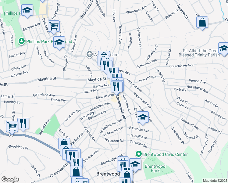 map of restaurants, bars, coffee shops, grocery stores, and more near in Brentwood
