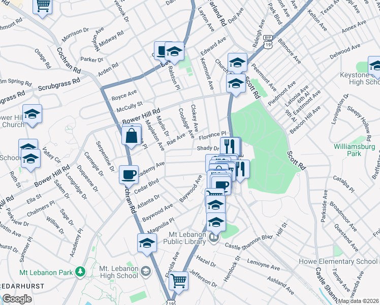 map of restaurants, bars, coffee shops, grocery stores, and more near 105 Shady Drive West in Pittsburgh