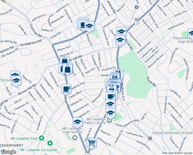 map of restaurants, bars, coffee shops, grocery stores, and more near 105 Shady Drive West in Pittsburgh