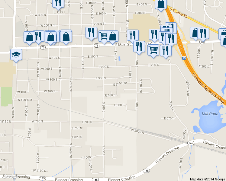 map of restaurants, bars, coffee shops, grocery stores, and more near 397 South 370 East Street in Lehi