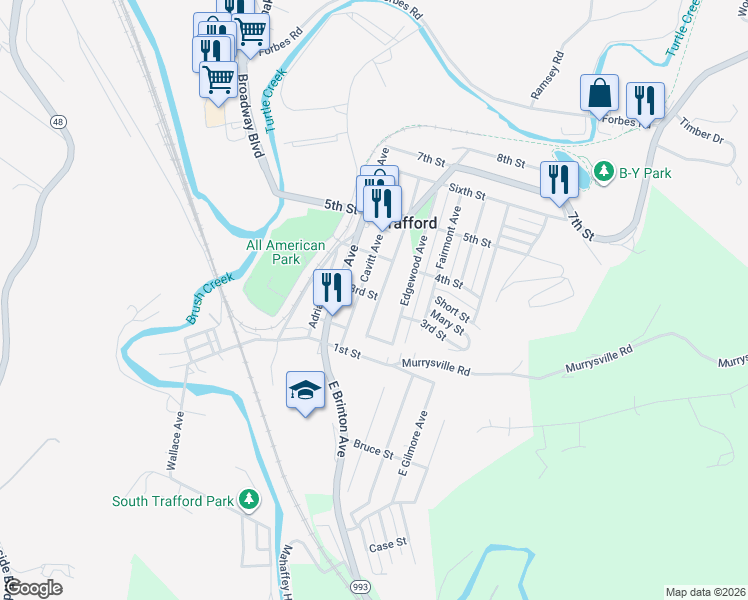 map of restaurants, bars, coffee shops, grocery stores, and more near 230 Cavitt Avenue in Trafford