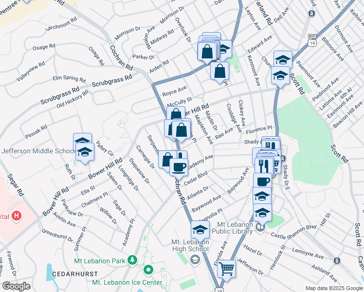 map of restaurants, bars, coffee shops, grocery stores, and more near 461 Cochran Road in Pittsburgh