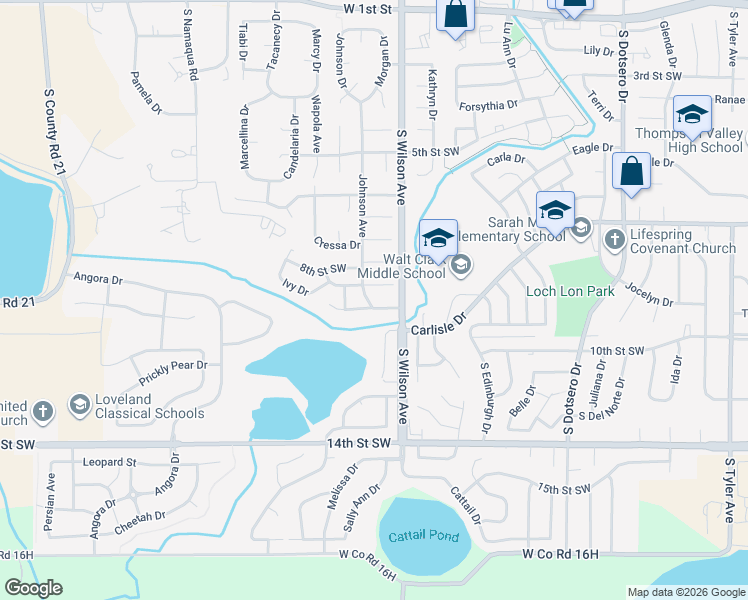 map of restaurants, bars, coffee shops, grocery stores, and more near 950 Johnson Ave in Loveland