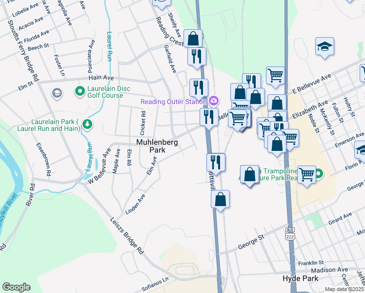 map of restaurants, bars, coffee shops, grocery stores, and more near 210 Roosevelt Avenue in Reading
