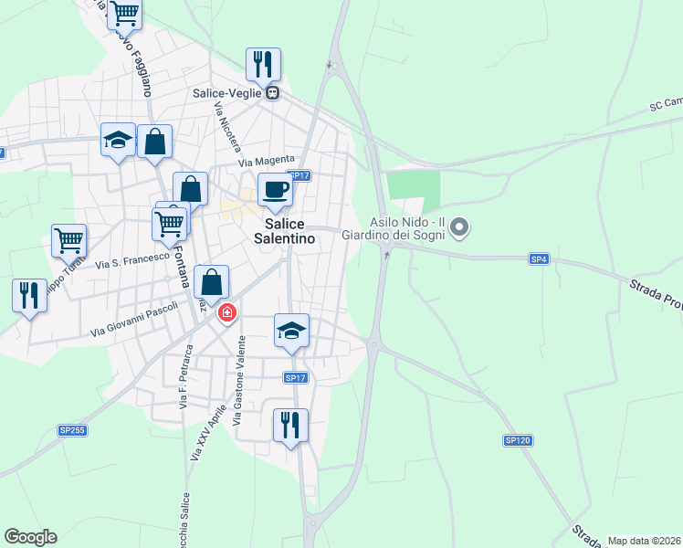 map of restaurants, bars, coffee shops, grocery stores, and more near 26 Via Alcide De Gasperi in Salice Salentino