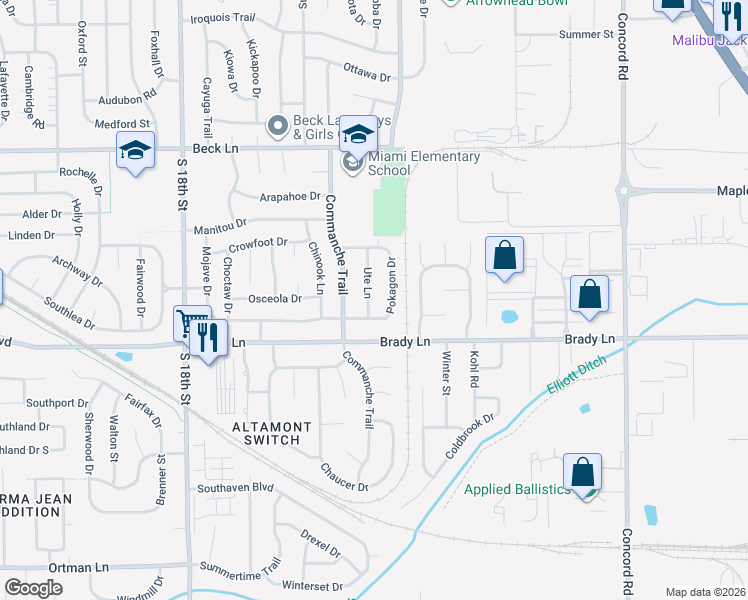 map of restaurants, bars, coffee shops, grocery stores, and more near 3041 Ute Lane in Lafayette