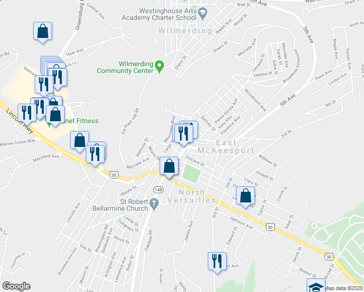 map of restaurants, bars, coffee shops, grocery stores, and more near 1021 Broadway Avenue in East McKeesport
