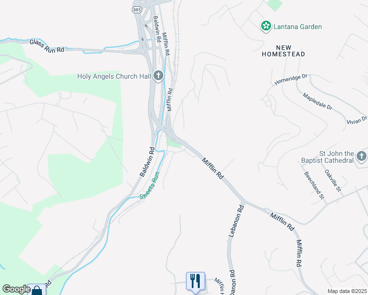 map of restaurants, bars, coffee shops, grocery stores, and more near 596 Mifflin Road in Pittsburgh