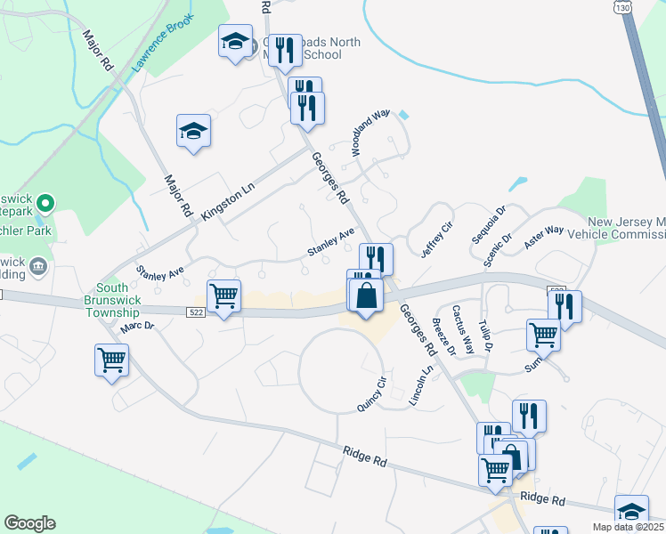 map of restaurants, bars, coffee shops, grocery stores, and more near 30 Gary Court in South Brunswick Township