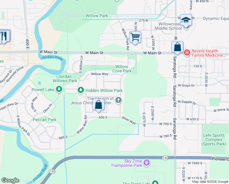 map of restaurants, bars, coffee shops, grocery stores, and more near 2864 West 400 South in Lehi