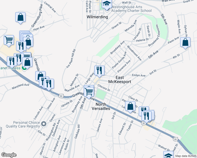 map of restaurants, bars, coffee shops, grocery stores, and more near 1027 Broadway Avenue in East McKeesport