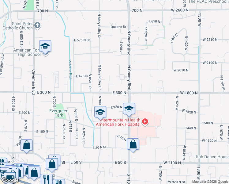 map of restaurants, bars, coffee shops, grocery stores, and more near 1004 East 300 North in American Fork