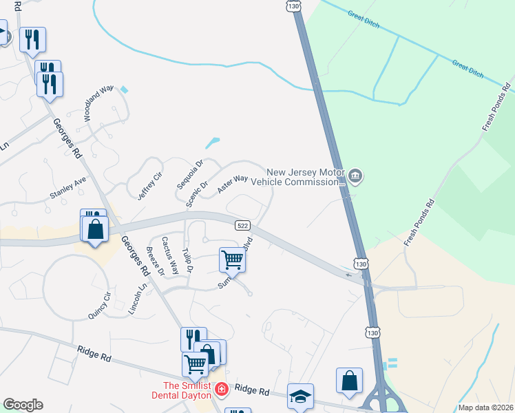 map of restaurants, bars, coffee shops, grocery stores, and more near 201 Yarrow Circle in South Brunswick Township