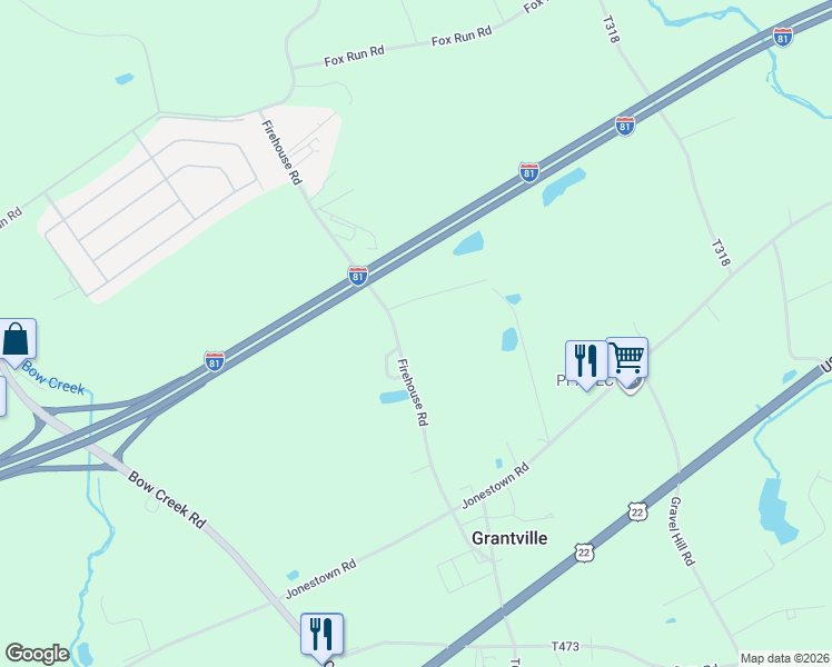 map of restaurants, bars, coffee shops, grocery stores, and more near 395 Firehouse Road in Grantville