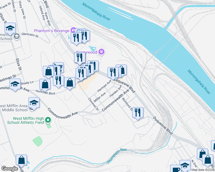 map of restaurants, bars, coffee shops, grocery stores, and more near 1111 Overland Avenue in Duquesne