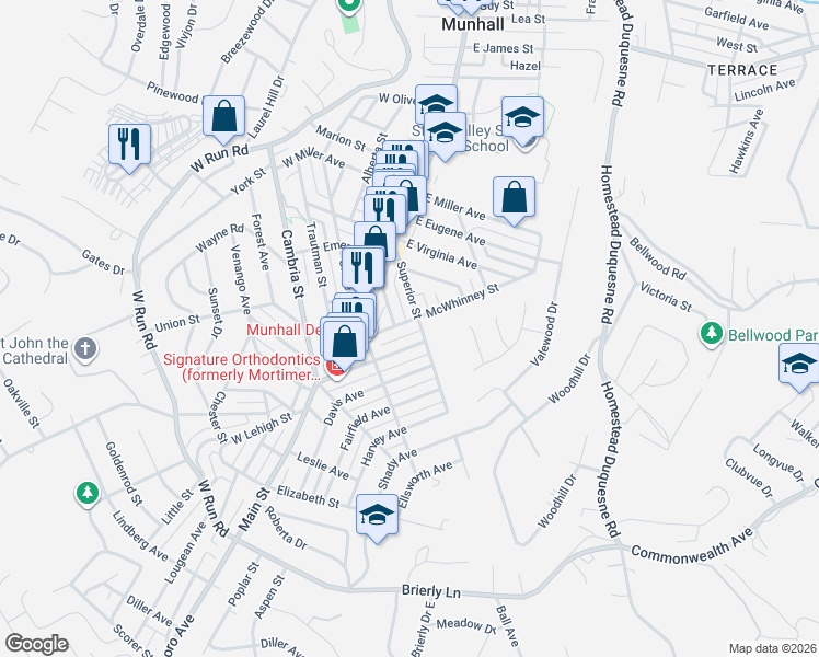 map of restaurants, bars, coffee shops, grocery stores, and more near 3902 Center Avenue in Munhall