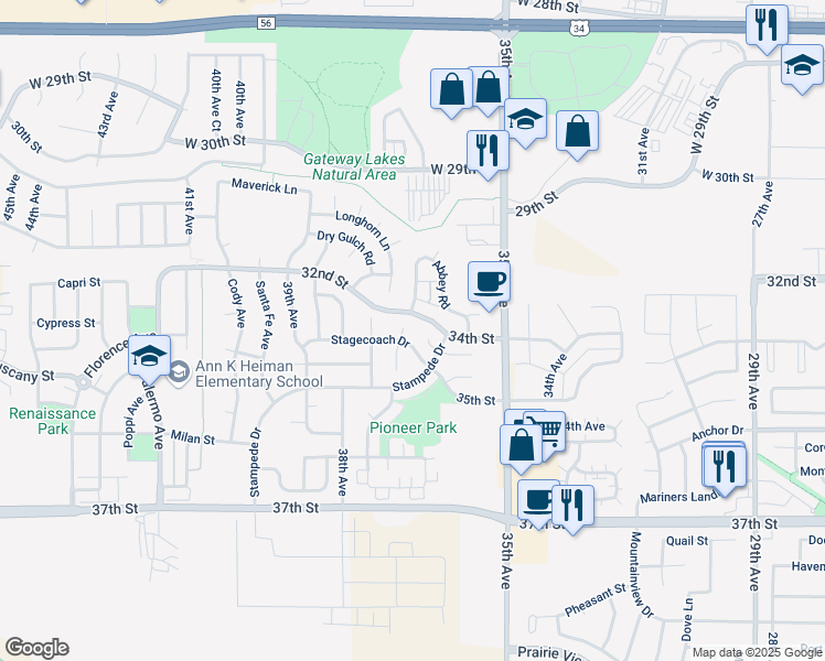 map of restaurants, bars, coffee shops, grocery stores, and more near 3306 Windmill Court in Evans