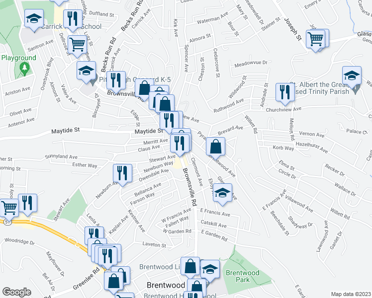 map of restaurants, bars, coffee shops, grocery stores, and more near 2824 Clermont Avenue in Pittsburgh