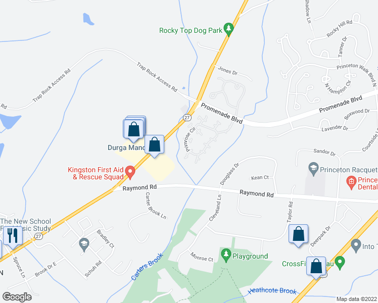 map of restaurants, bars, coffee shops, grocery stores, and more near 6 Mimosa Court in Princeton