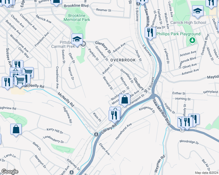 map of restaurants, bars, coffee shops, grocery stores, and more near 2356 Bernard Street in Pittsburgh