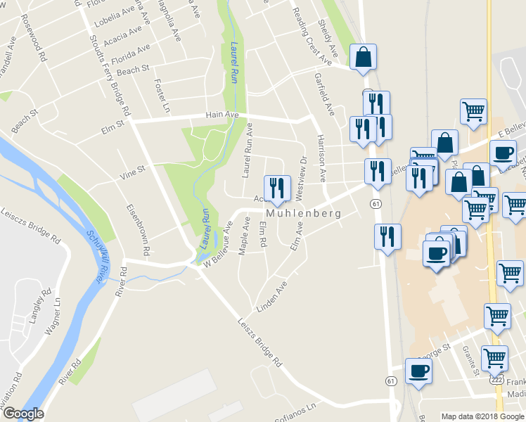 map of restaurants, bars, coffee shops, grocery stores, and more near 3098 Elm Road in Reading