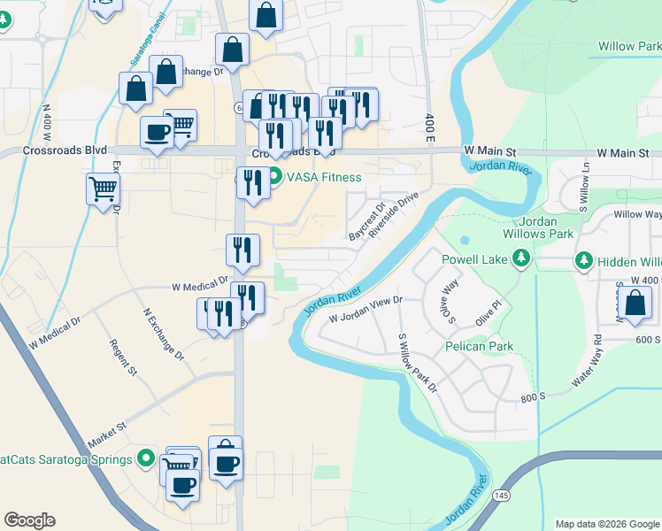map of restaurants, bars, coffee shops, grocery stores, and more near 188 East River Bend Street in Saratoga Springs