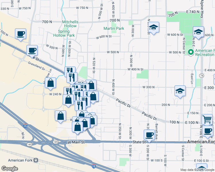 map of restaurants, bars, coffee shops, grocery stores, and more near 303 North 400 West Street in American Fork