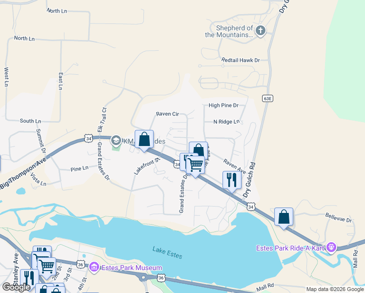 map of restaurants, bars, coffee shops, grocery stores, and more near 1555 Raven Circle in Estes Park