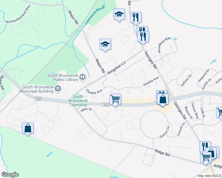 map of restaurants, bars, coffee shops, grocery stores, and more near 117 Benjamin Court in South Brunswick Township