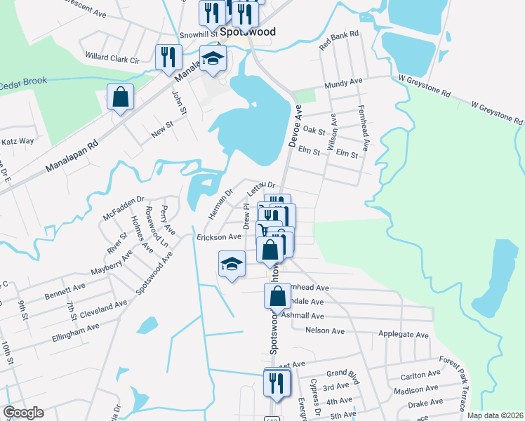 map of restaurants, bars, coffee shops, grocery stores, and more near 3 Newark Avenue in Spotswood