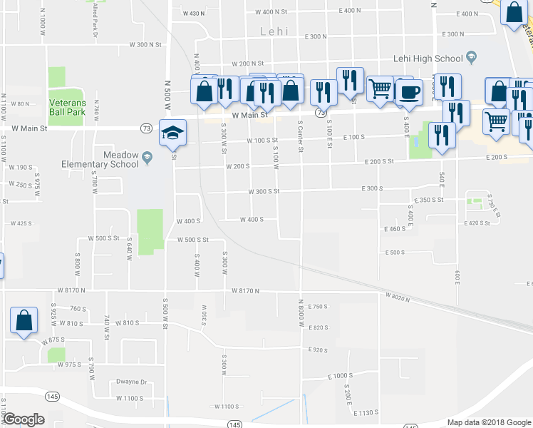 map of restaurants, bars, coffee shops, grocery stores, and more near 144 West 400 South in Lehi