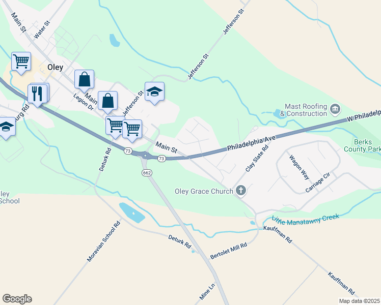 map of restaurants, bars, coffee shops, grocery stores, and more near 673 Main Street in Oley