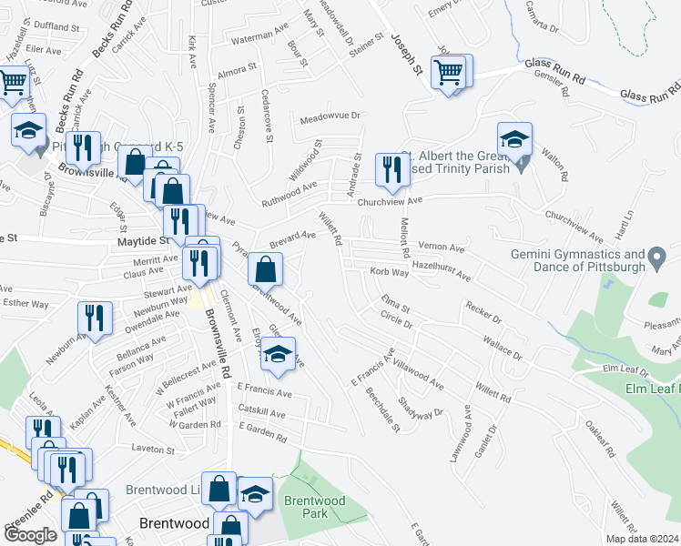 map of restaurants, bars, coffee shops, grocery stores, and more near 3004 Willett Road in Pittsburgh