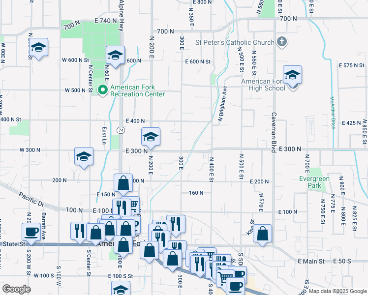 map of restaurants, bars, coffee shops, grocery stores, and more near 310 North 300 East in American Fork