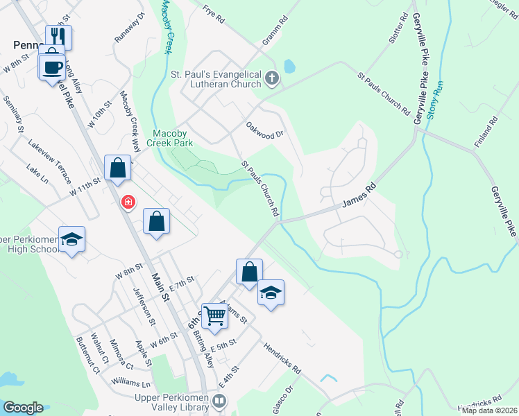 map of restaurants, bars, coffee shops, grocery stores, and more near 1001 Cedarbrook Lane in Pennsburg