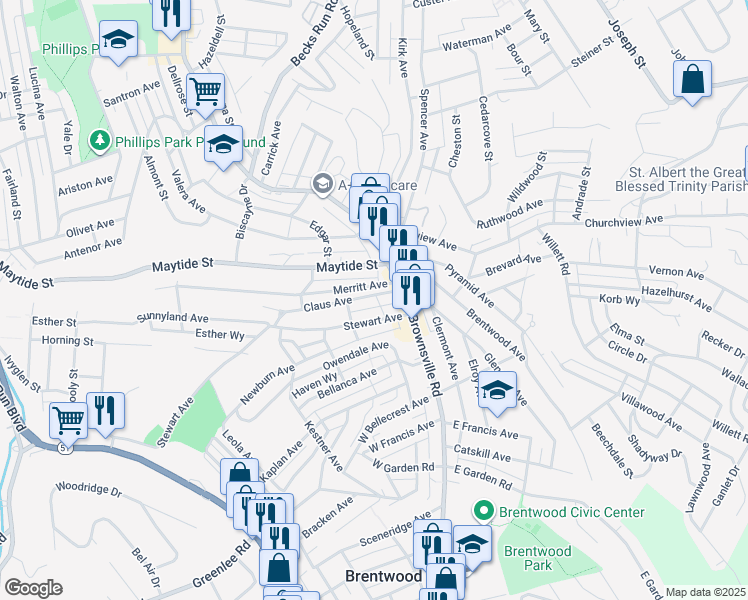 map of restaurants, bars, coffee shops, grocery stores, and more near 23 Claus Avenue in Pittsburgh