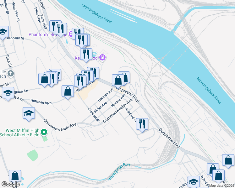 map of restaurants, bars, coffee shops, grocery stores, and more near 15 Miller Avenue in Duquesne