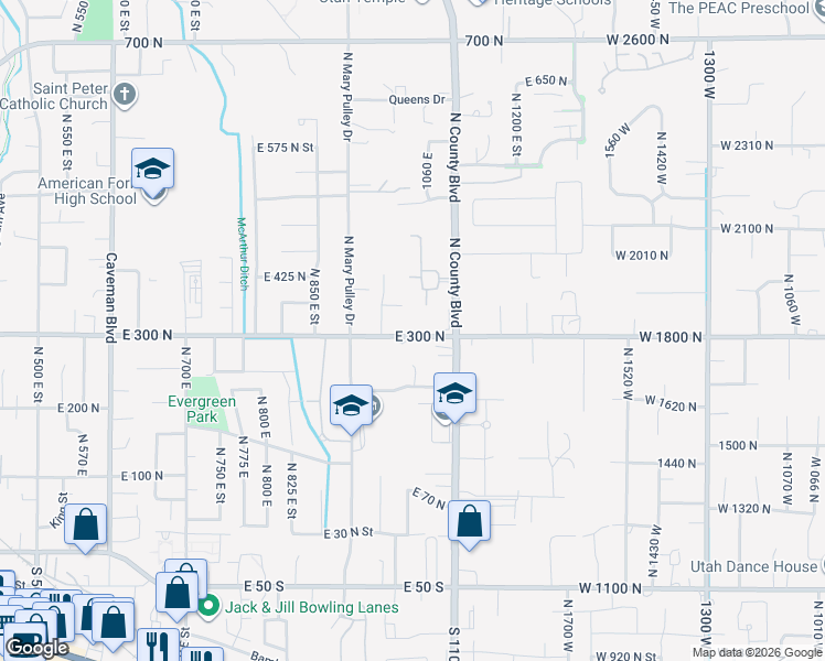 map of restaurants, bars, coffee shops, grocery stores, and more near 1004 East 300 North in American Fork