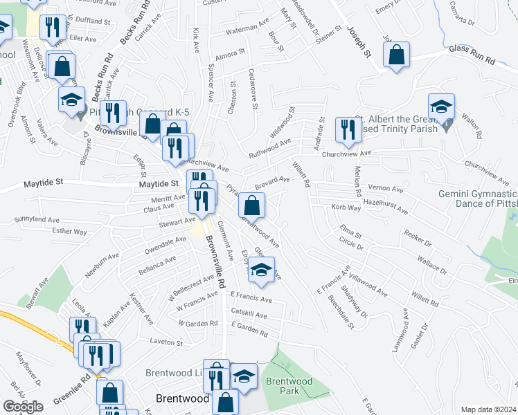 map of restaurants, bars, coffee shops, grocery stores, and more near 2927 Brentwood Avenue in Pittsburgh