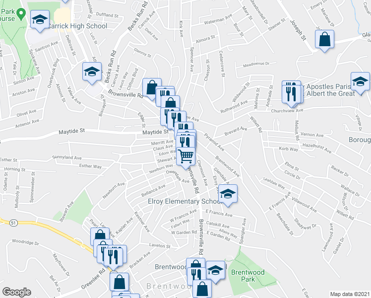 map of restaurants, bars, coffee shops, grocery stores, and more near in Brentwood