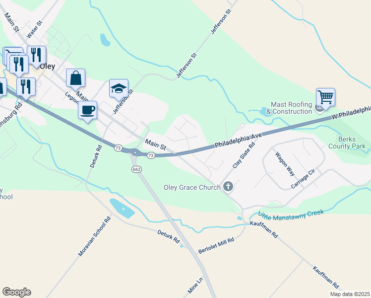 map of restaurants, bars, coffee shops, grocery stores, and more near 673 Main Street in Oley