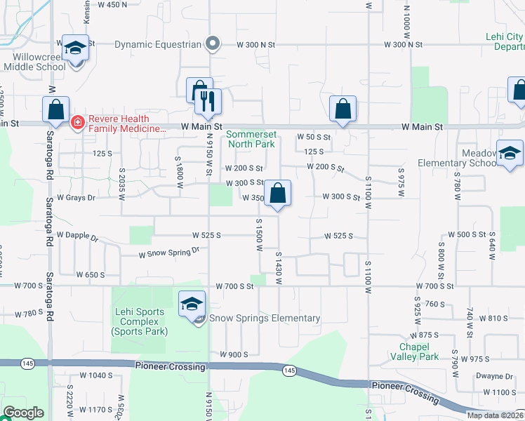 map of restaurants, bars, coffee shops, grocery stores, and more near 380 South 1500 West in Lehi