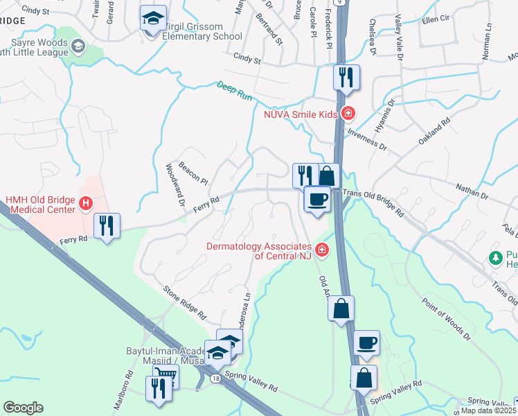 map of restaurants, bars, coffee shops, grocery stores, and more near 132 Goldmine Lane in Old Bridge Township