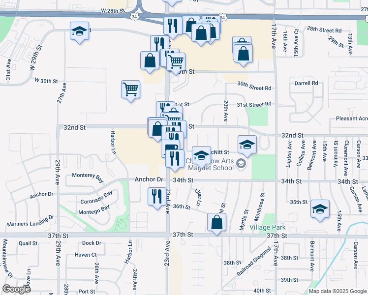 map of restaurants, bars, coffee shops, grocery stores, and more near 3300 23rd Avenue in Evans