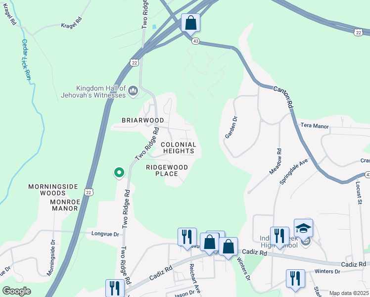 map of restaurants, bars, coffee shops, grocery stores, and more near 117 Brandywine Circle in Steubenville