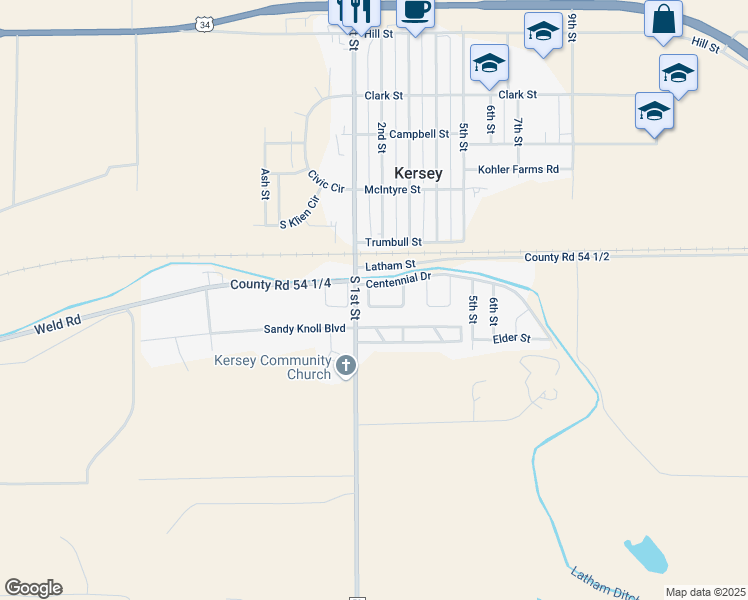 map of restaurants, bars, coffee shops, grocery stores, and more near 731 2nd Street Court in Kersey