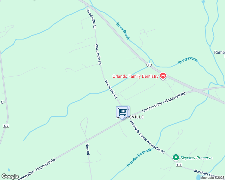 map of restaurants, bars, coffee shops, grocery stores, and more near Woodsville Road in Hopewell